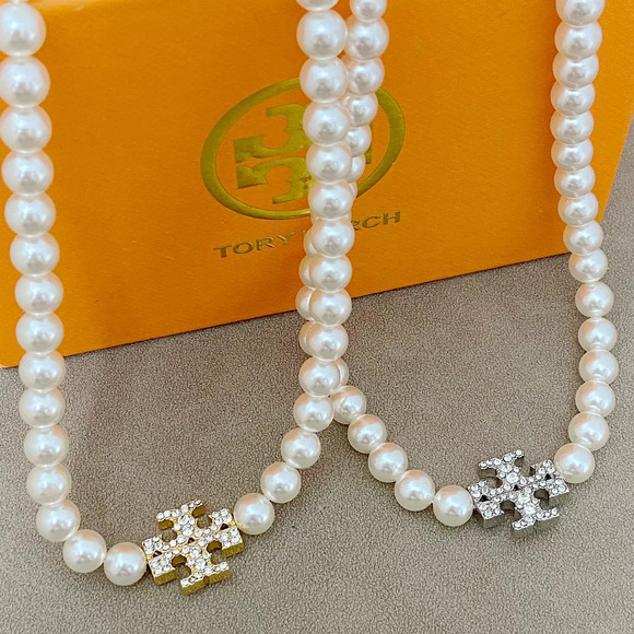Tory Burch Jewelry - Tory Burch Letter Pearl Rhinestone Metal Necklace